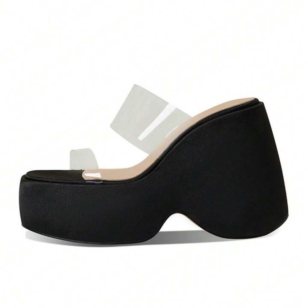 Black Clear Double Strap satin Y2K 90’s Wedge summer dress size‎ 10 eu 41